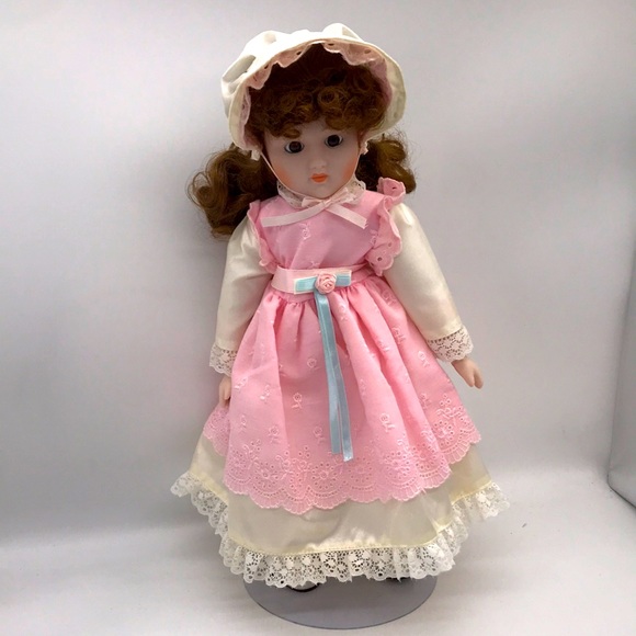None Other - Vintage Porcelain Doll with Soft Body on Metal Stand 16” inches Tall approx